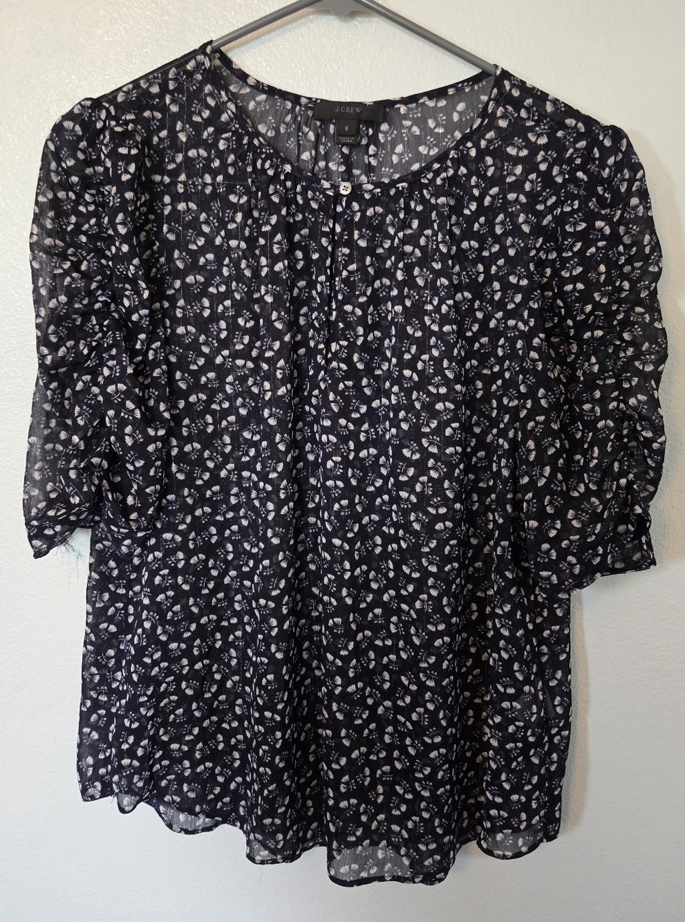 J. Crew | Navy Floral Print Flowy Sheer Short Sleeve Top Size Small